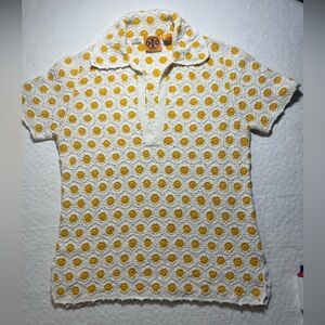 Tory Burch Medium poloYellow Starburst Knit/ crochet cotton feminine granny core